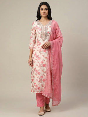Off White & Pink Floral Printed Chanderi Dress Material - Image 1