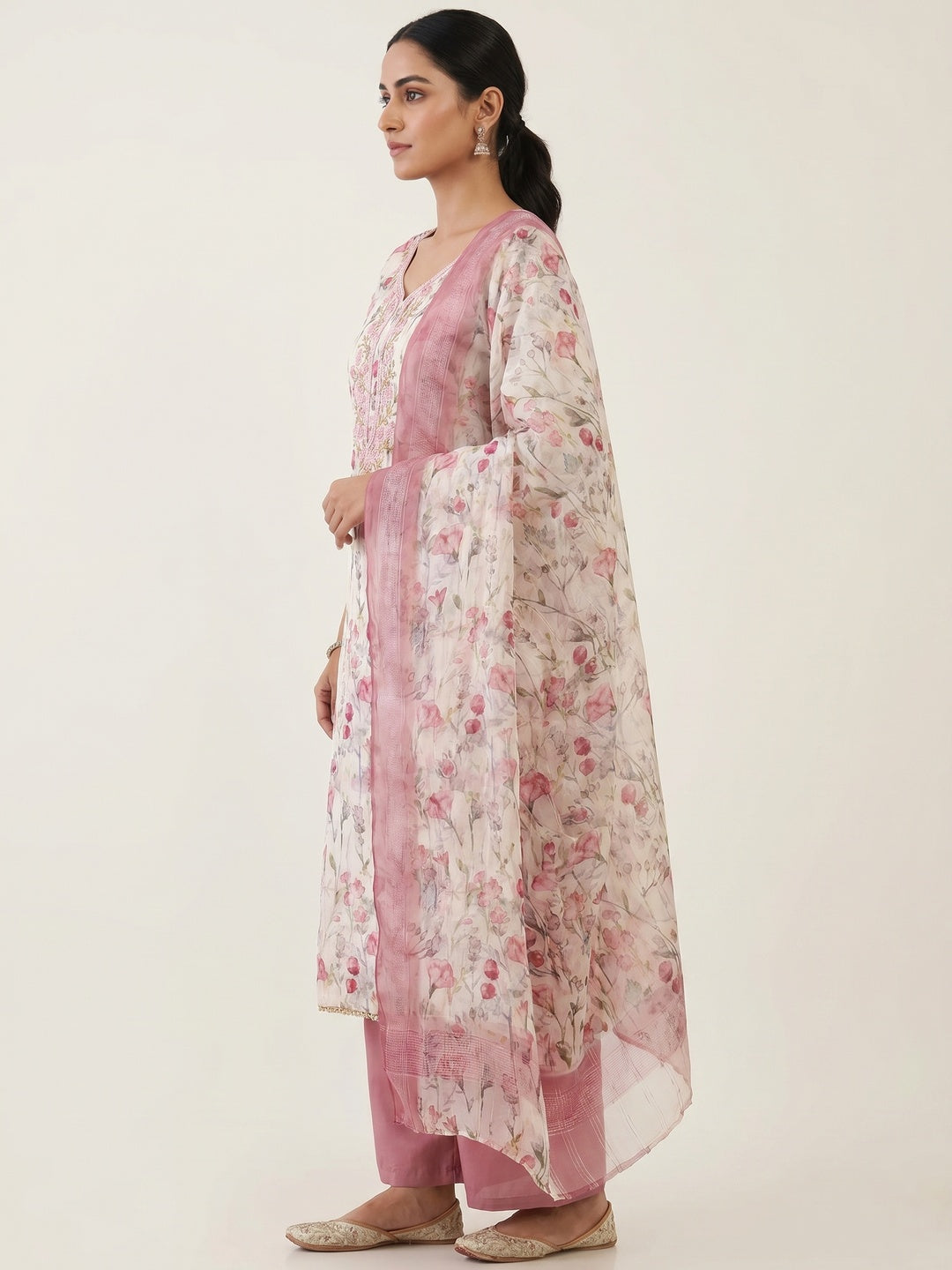 Off White & Pink Floral Printed Chanderi Dress Material - Image 2