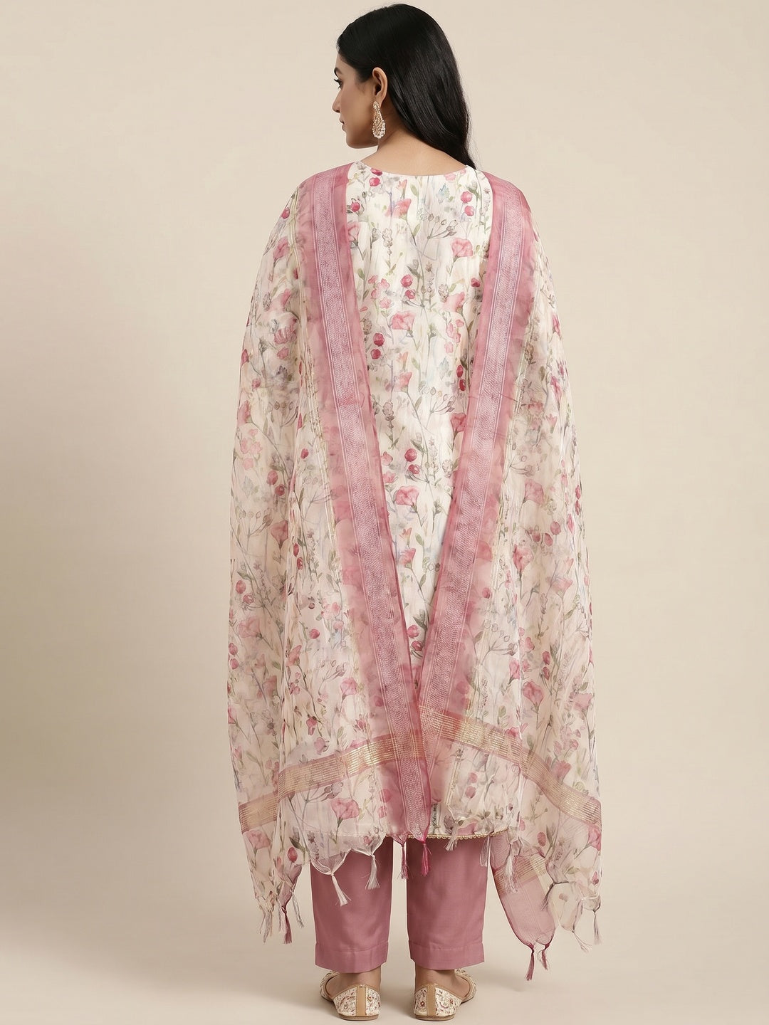 Off White & Pink Floral Printed Chanderi Dress Material - Image 3