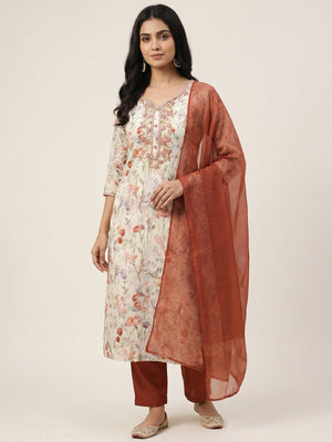Off White & Rust Floral Printed Chanderi Dress Material - Image 1
