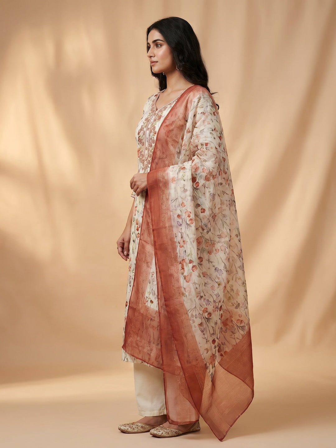 Off White & Rust Floral Printed Chanderi Dress Material - Image 2