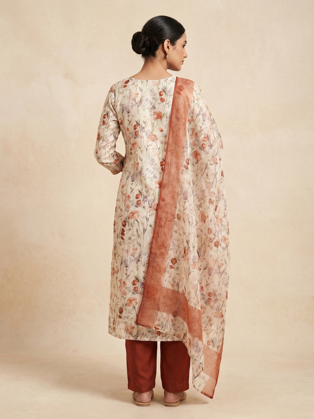 Off White & Rust Floral Printed Chanderi Dress Material - Image 3