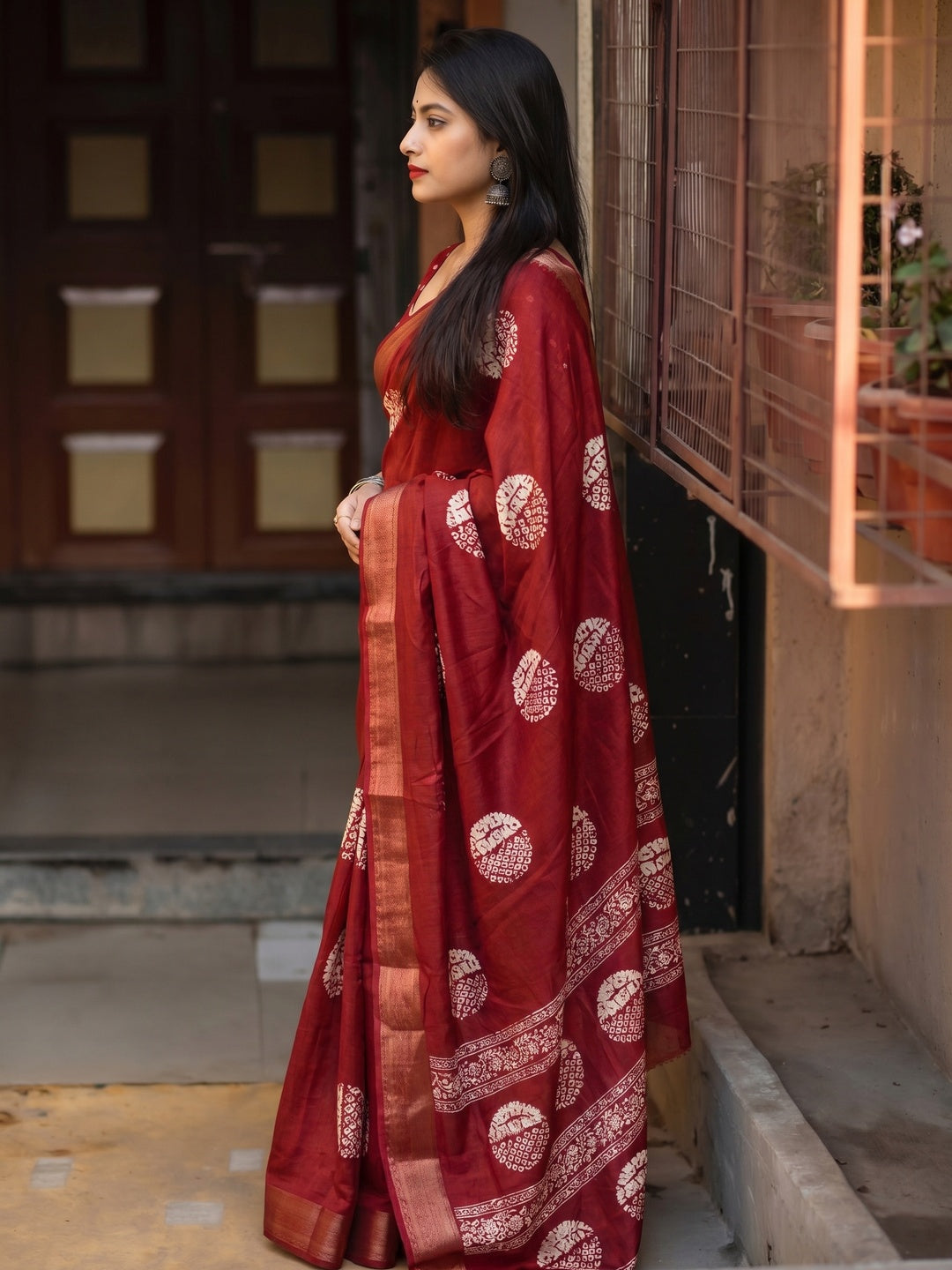 Maroon Batik Printed Cotton Silk Saree With Zari Border - Image 1