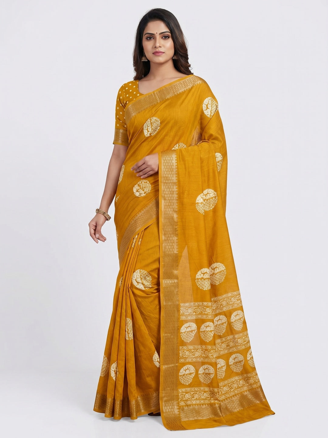 Mustard Batik Printed Cotton Silk Saree With Zari Border - Image 1