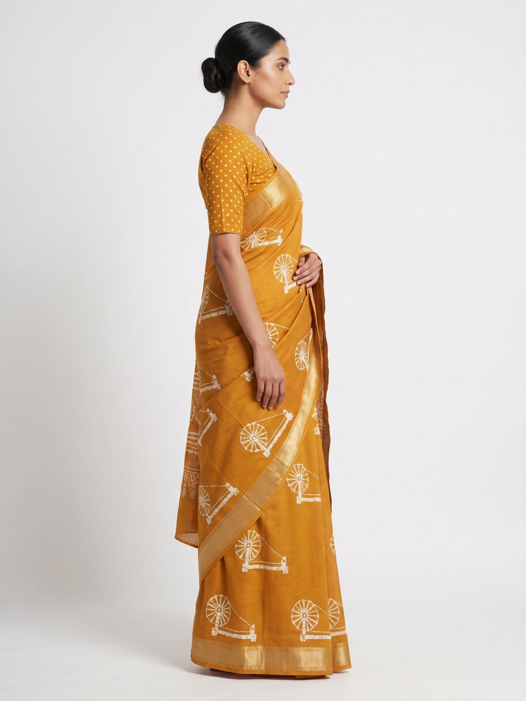 Mustard Batik Printed Cotton Silk Saree With Zari Border - Image 3