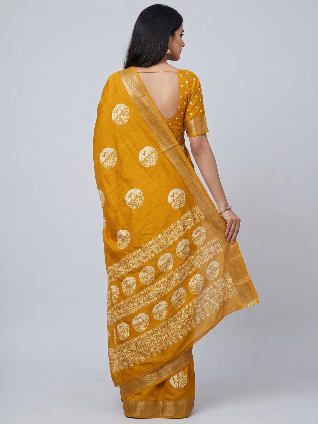 Mustard Batik Printed Cotton Silk Saree With Zari Border - Image 2