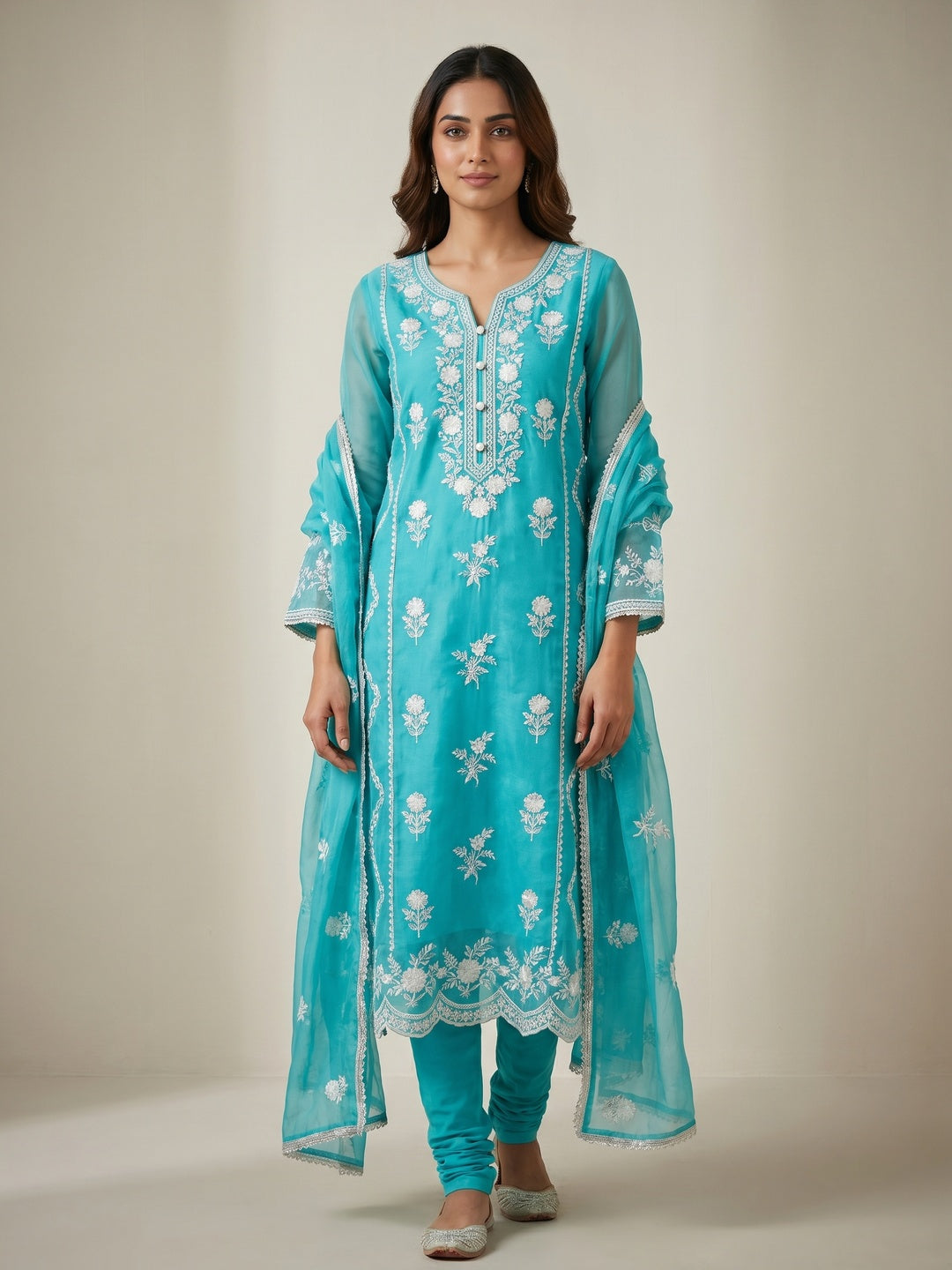 Turquoise Floral Mirror Embroidered Organza Dress Material - Image 1