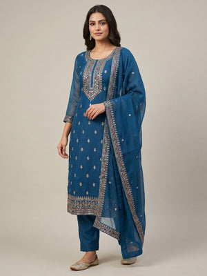 Rama Blue Embroidered Organza Dress Material - Image 1