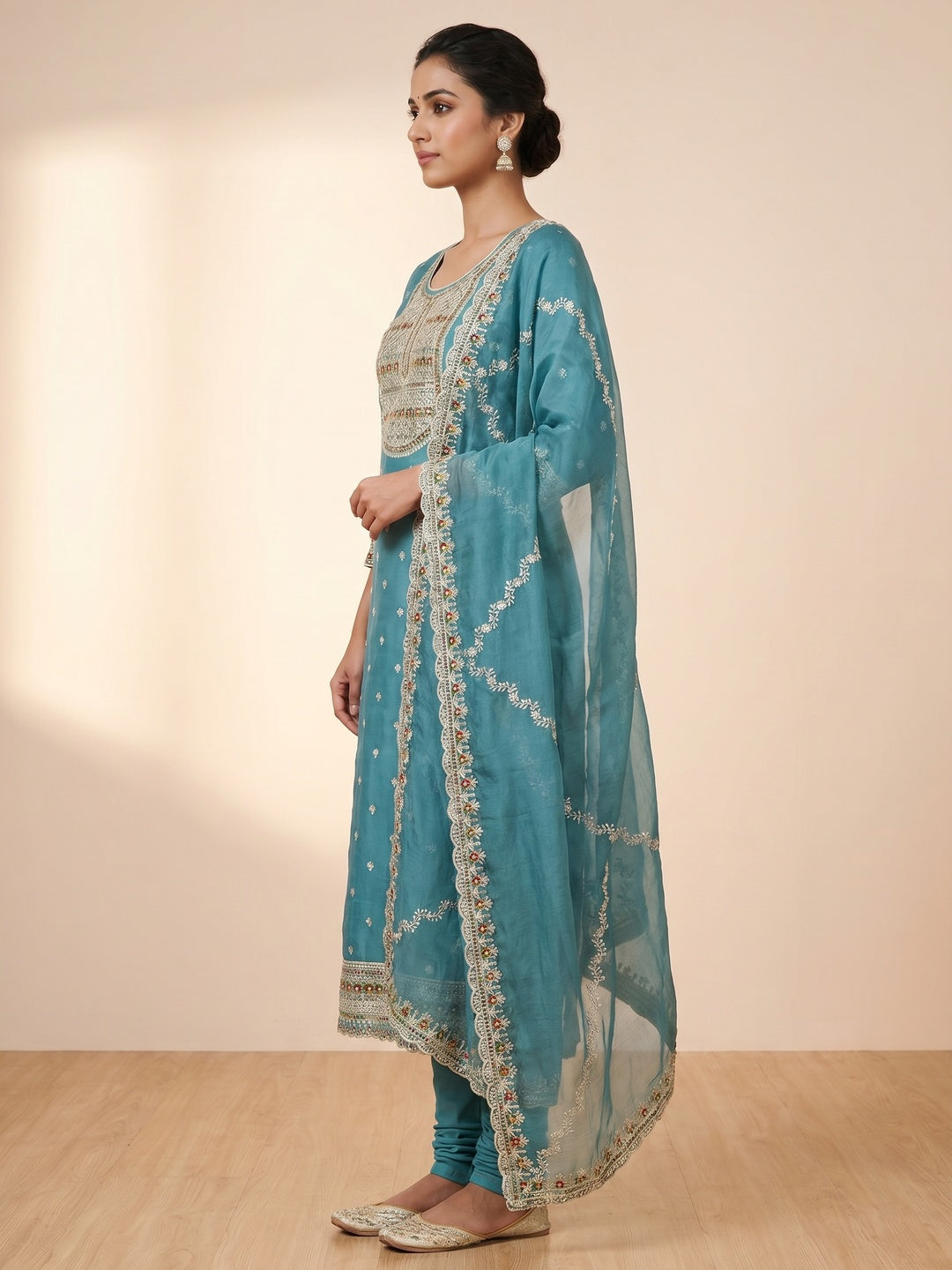 Rama Blue Embroidered Organza Dress Material - Image 3