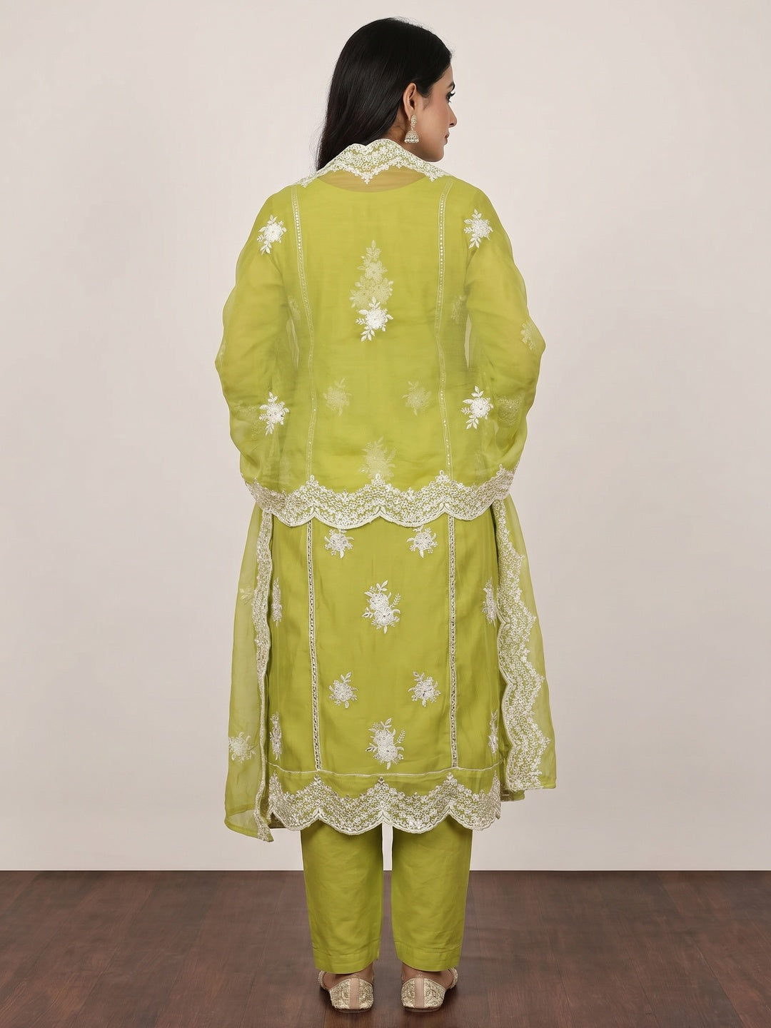 Green Floral Mirror Embroidered Organza Dress Material - Image 3
