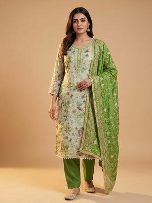 Green Floral Digital Printed With Hand Embroidery Viscose Dress Material - Image 1