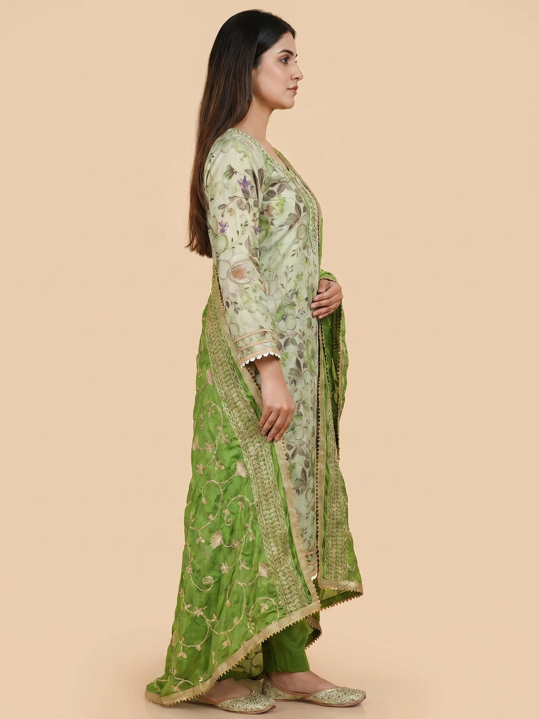 Green Floral Digital Printed With Hand Embroidery Viscose Dress Material - Image 3