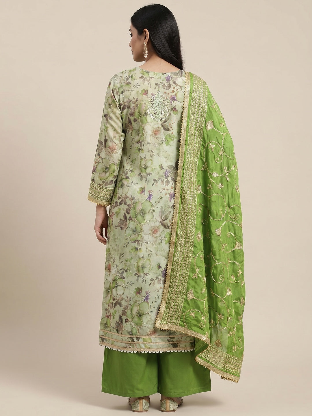 Green Floral Digital Printed With Hand Embroidery Viscose Dress Material - Image 2