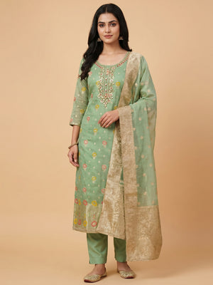 Green Woven With Handwork Organza Dress Material - Image 1
