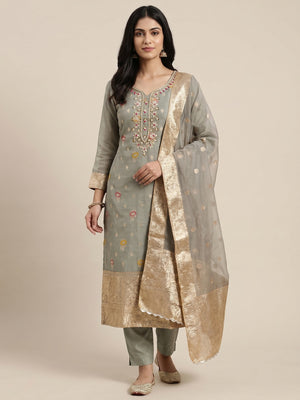 Grey Woven With Handwork Organza Dress Material - Image 1