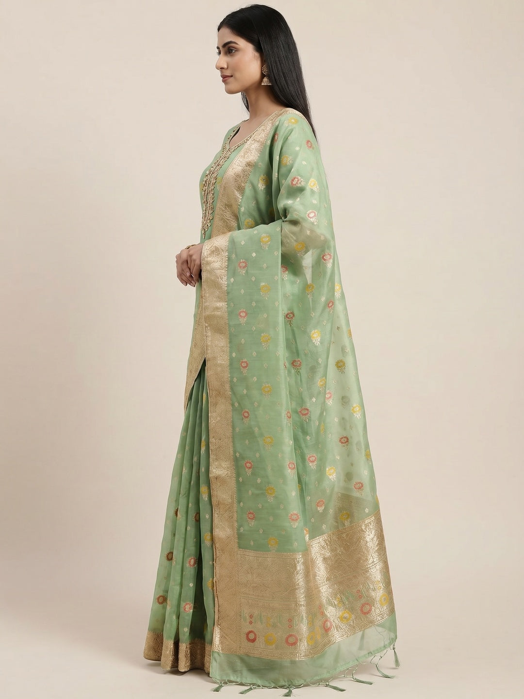 Green Woven With Handwork Organza Dress Material - Image 3