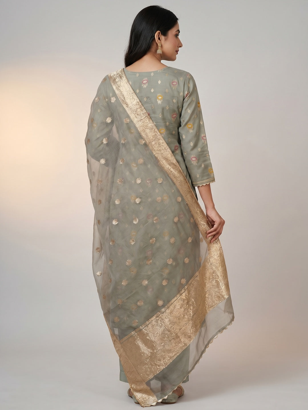 Grey Woven With Handwork Organza Dress Material - Image 2