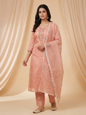 Peach Woven With Handwork Organza Dress Material - Image 1