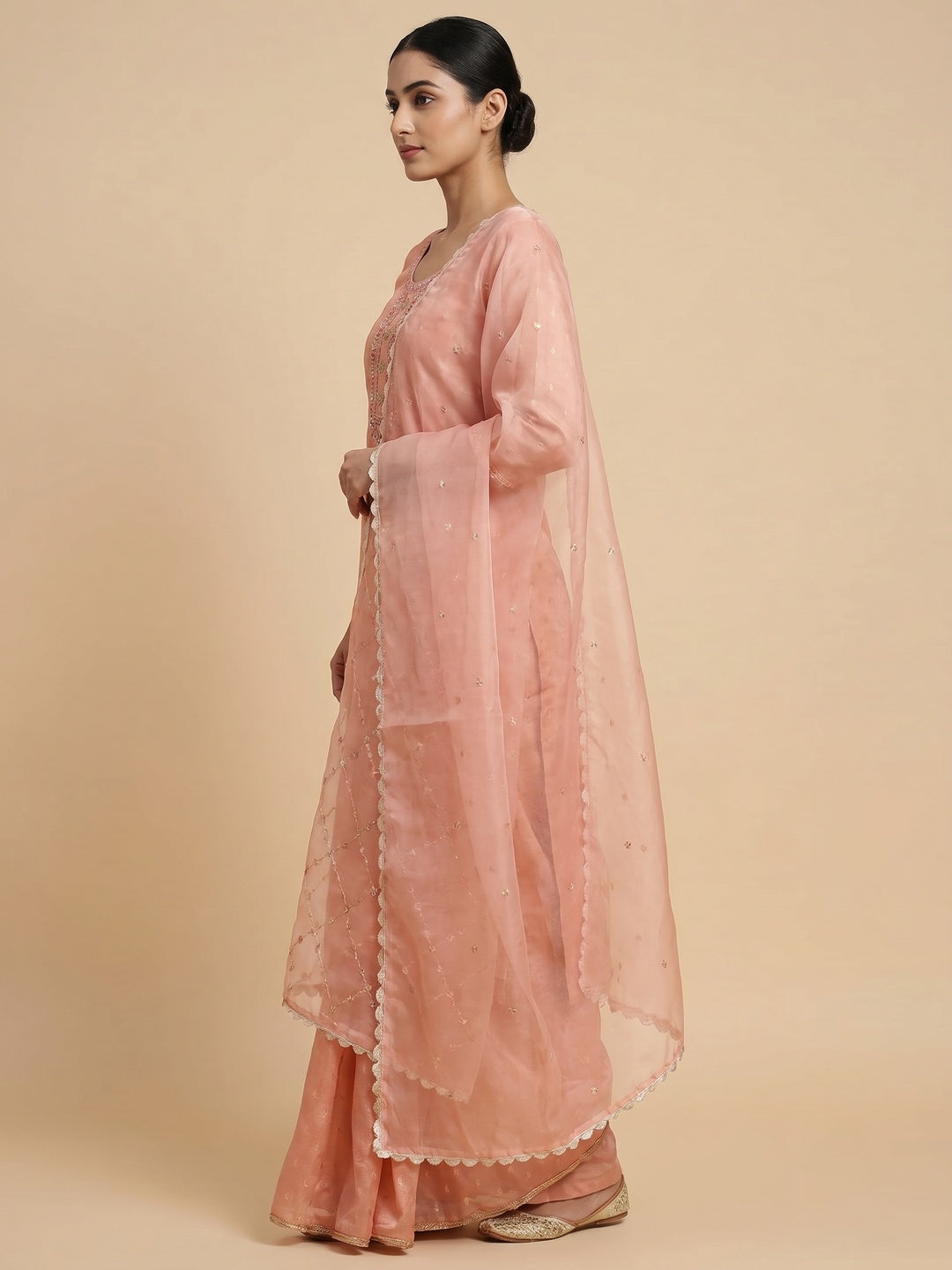 Peach Woven With Handwork Organza Dress Material - Image 2