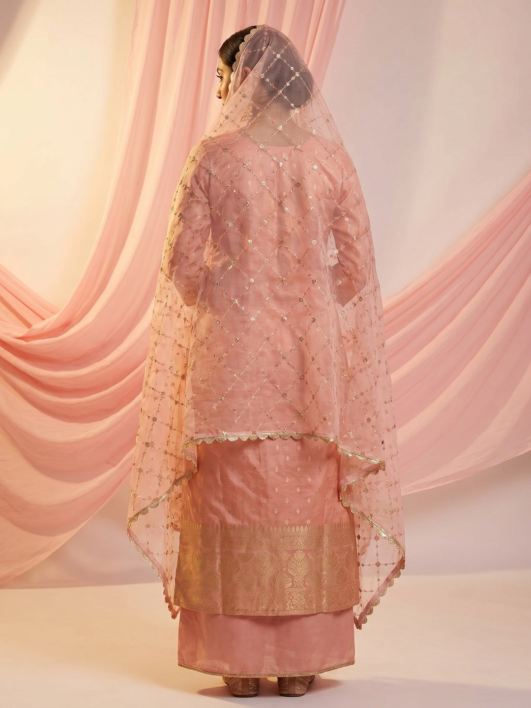 Peach Woven With Handwork Organza Dress Material - Image 3
