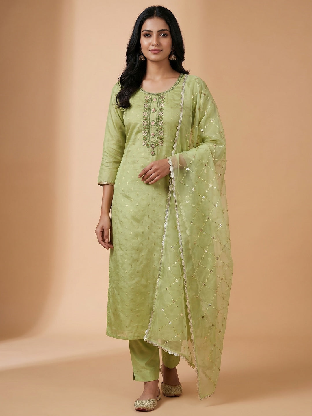 Pista Green Woven With Handwork Organza Dress Material - Image 1
