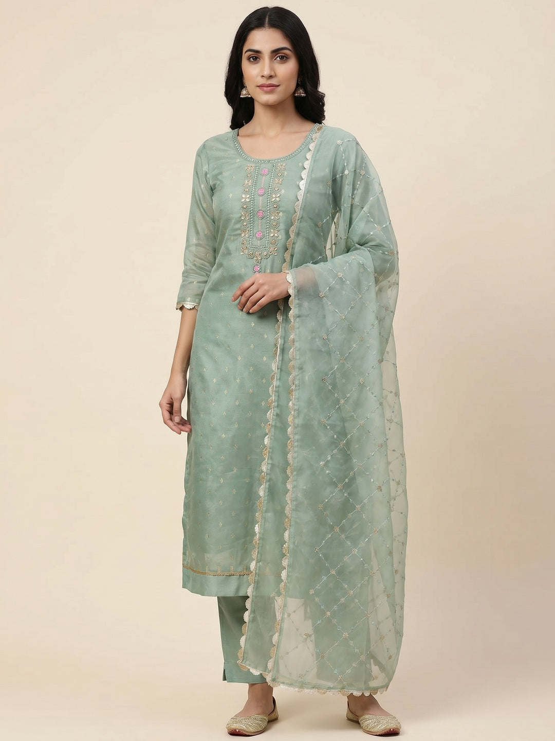 Green Woven With Handwork Organza Dress Material - Image 1