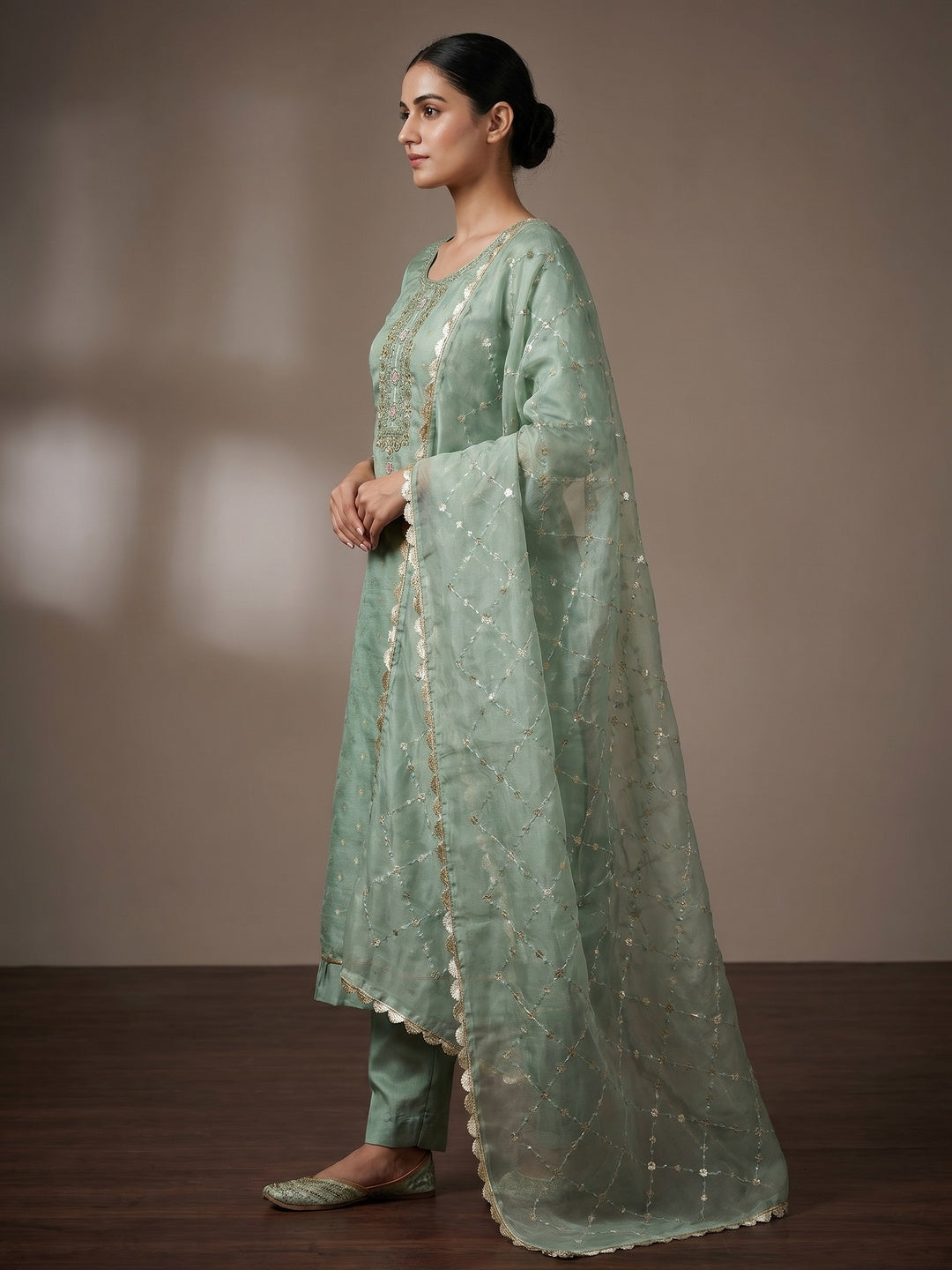 Green Woven With Handwork Organza Dress Material - Image 2