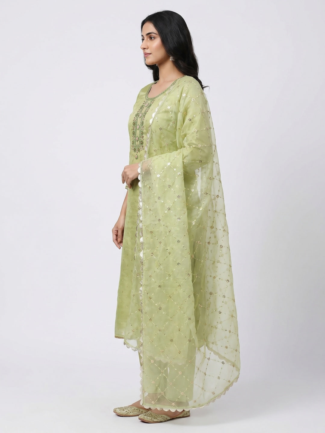 Pista Green Woven With Handwork Organza Dress Material - Image 3
