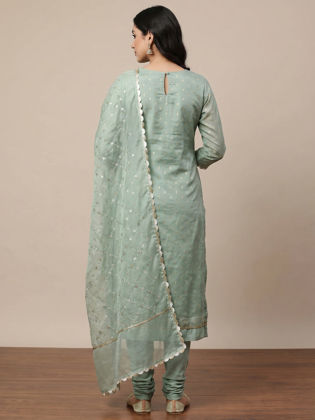 Green Woven With Handwork Organza Dress Material - Image 3