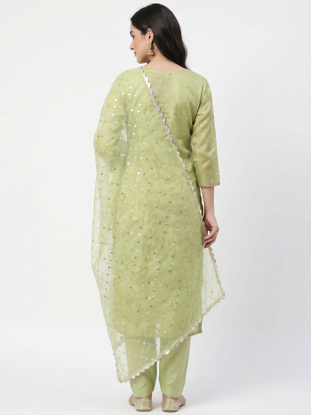 Pista Green Woven With Handwork Organza Dress Material - Image 2