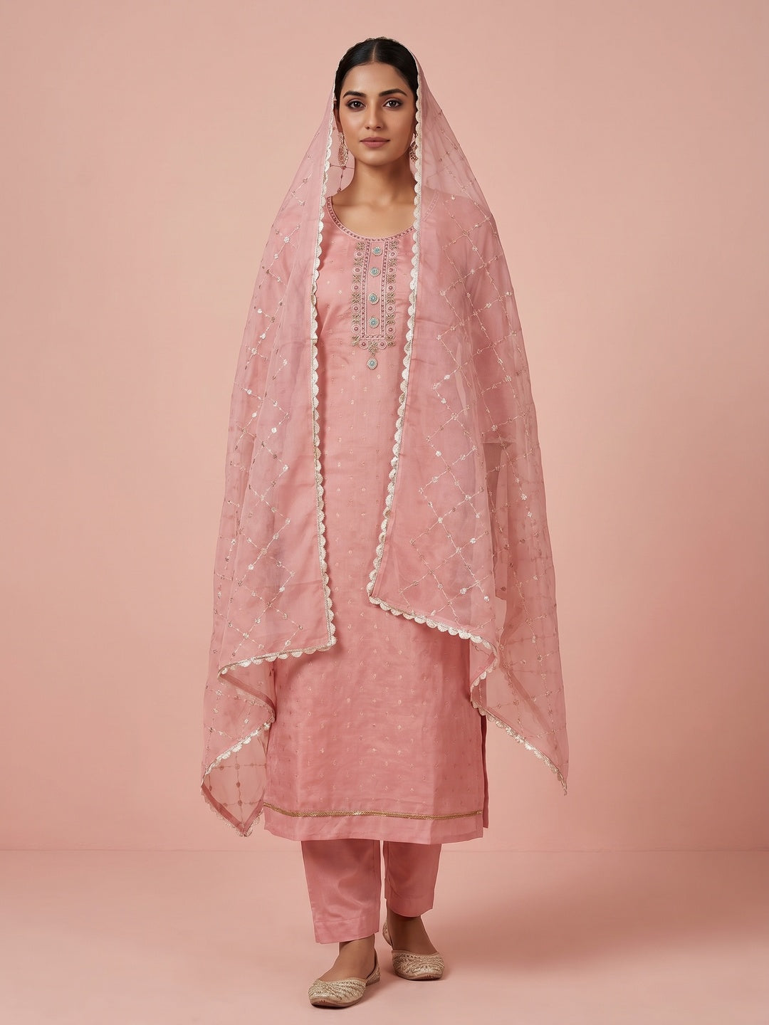Pink Woven With Handwork Organza Dress Material - Image 1