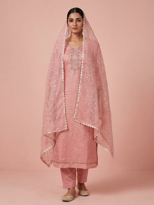 Pink Woven With Handwork Organza Dress Material - Image 1