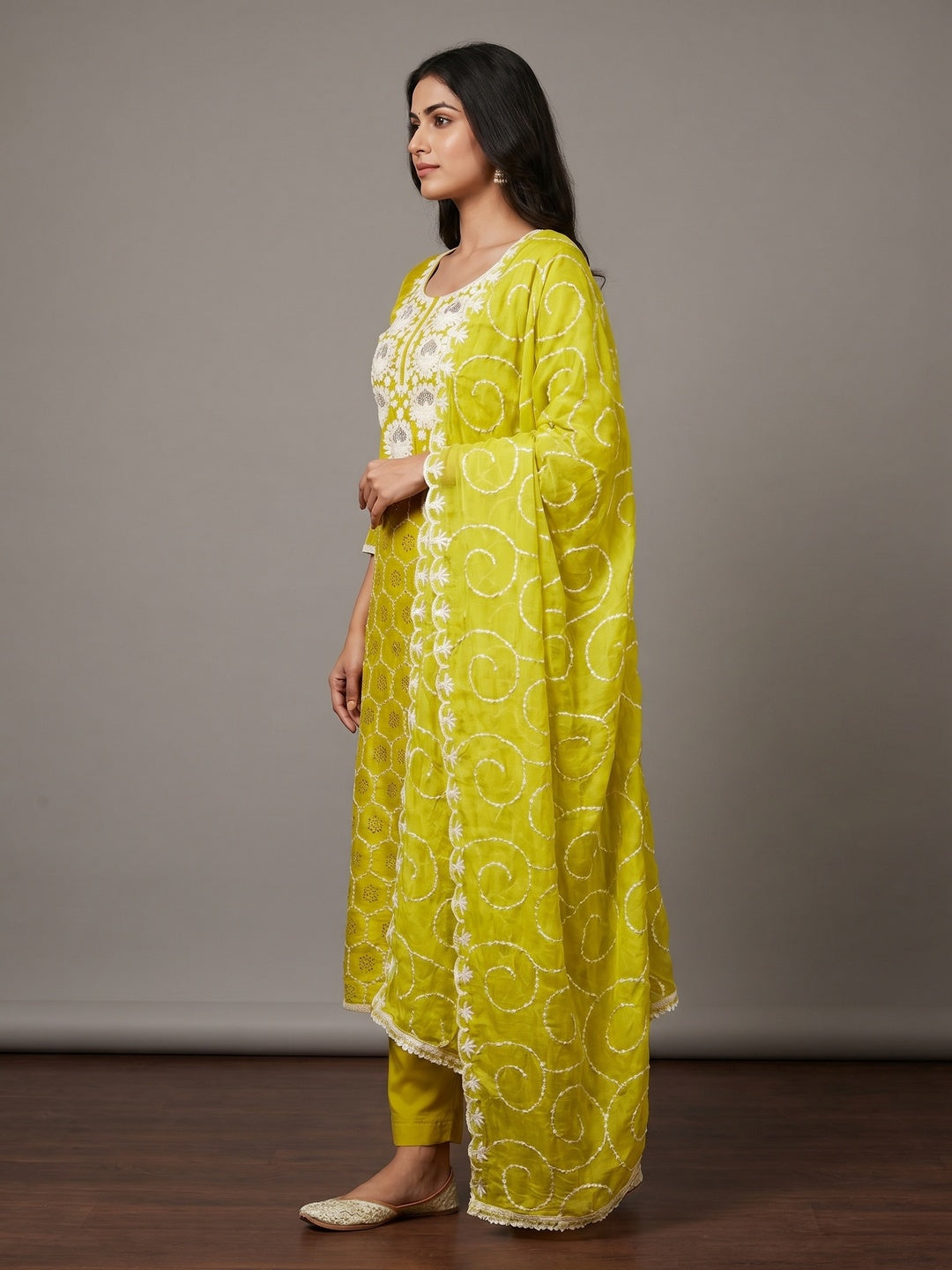 Green Floral Sequins Embroidered Chanderi Silk Dress Material - Image 2
