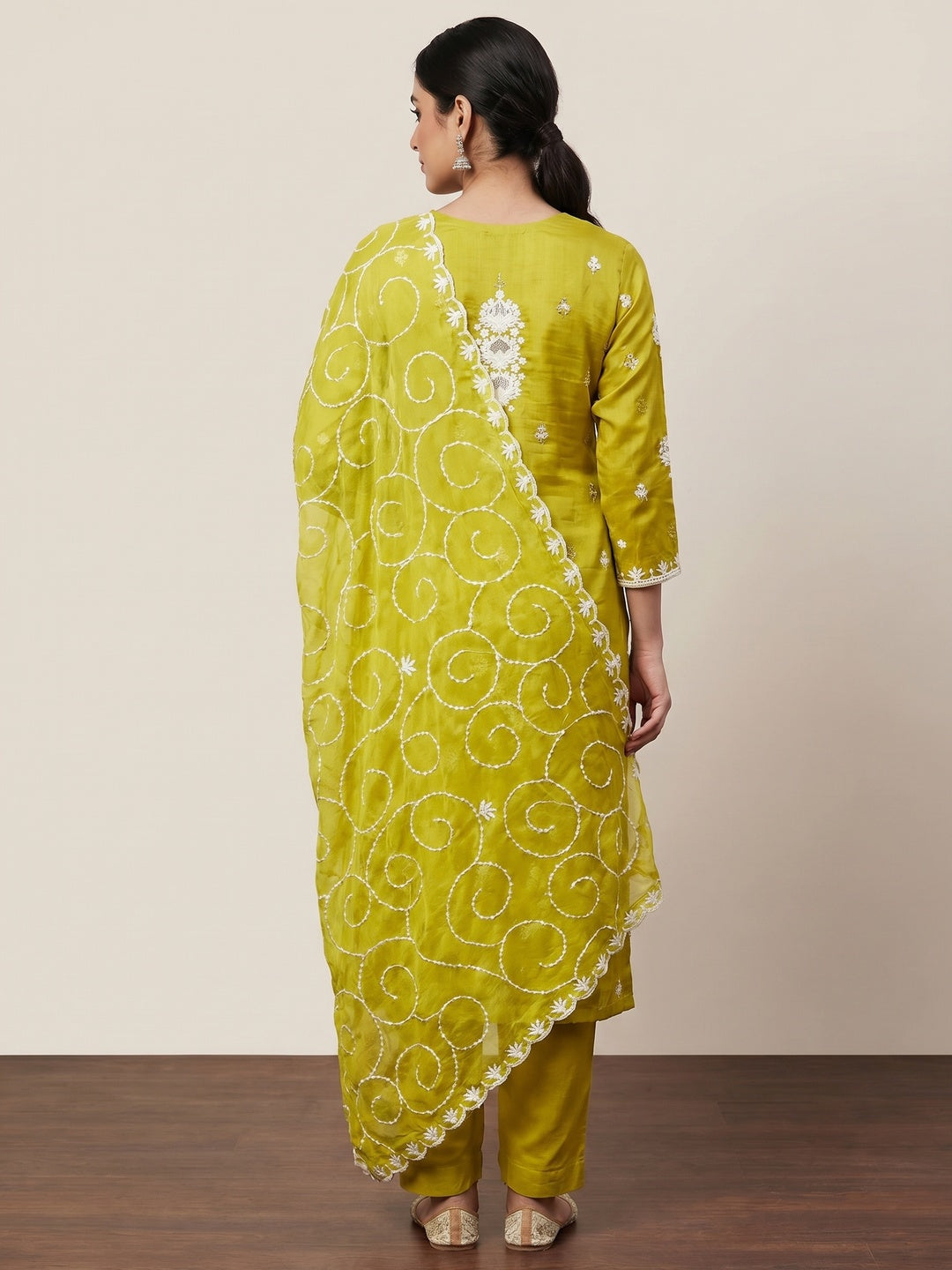 Green Floral Sequins Embroidered Chanderi Silk Dress Material - Image 3