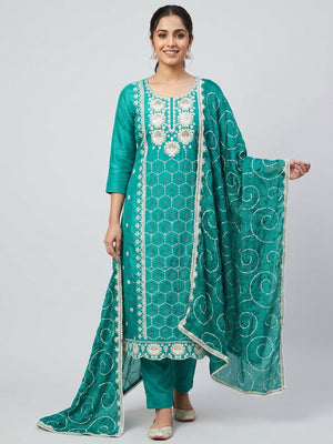 Rama Green Floral Sequins Embroidered Chanderi Silk Dress Material - Image 1