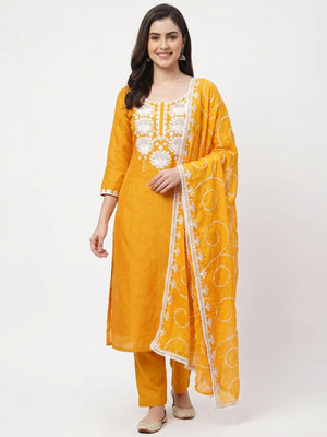 Mustard Floral Sequins Embroidered Chanderi Silk Dress Material - Image 1