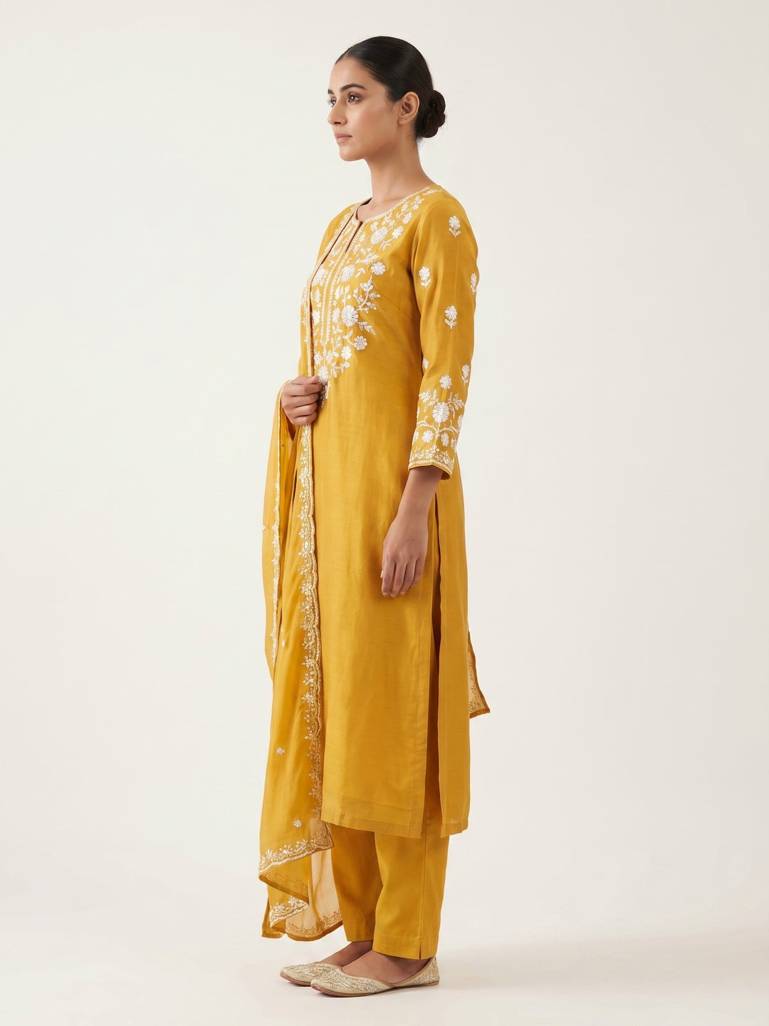 Mustard Floral Sequins Embroidered Chanderi Silk Dress Material - Image 2