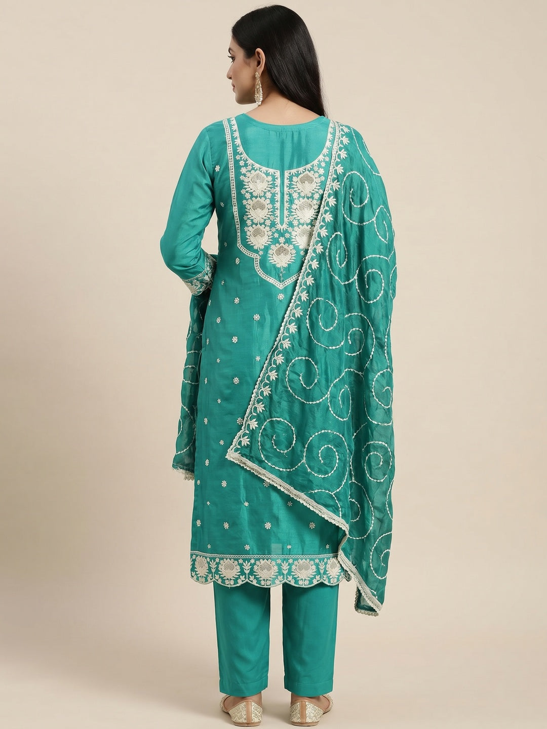 Rama Green Floral Sequins Embroidered Chanderi Silk Dress Material - Image 2