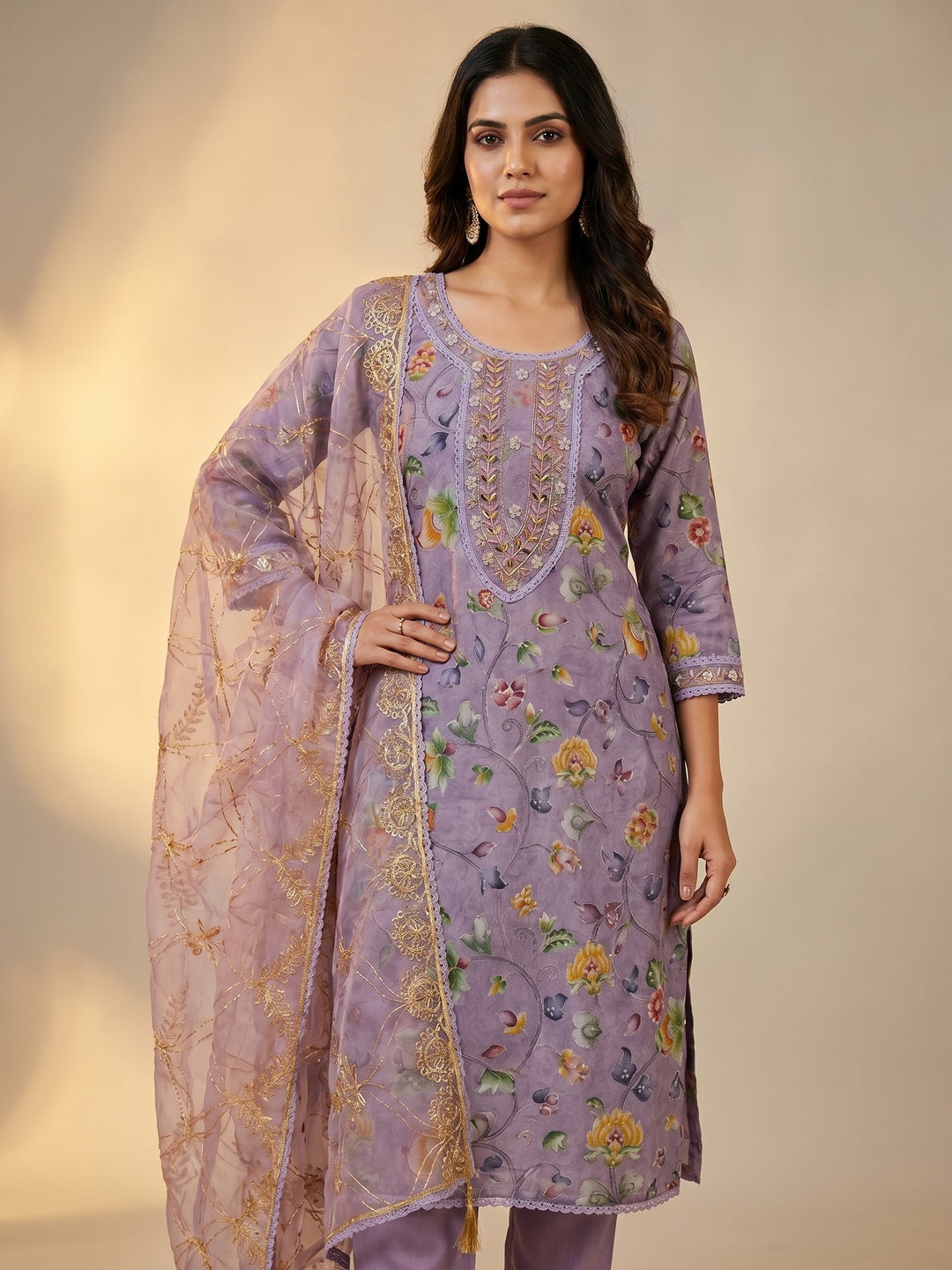 Purple Floral Digital Printed With Hand Embroidery Organza Dress Material - Image 1