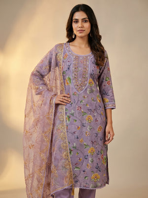 Purple Floral Digital Printed With Hand Embroidery Organza Dress Material - Image 1