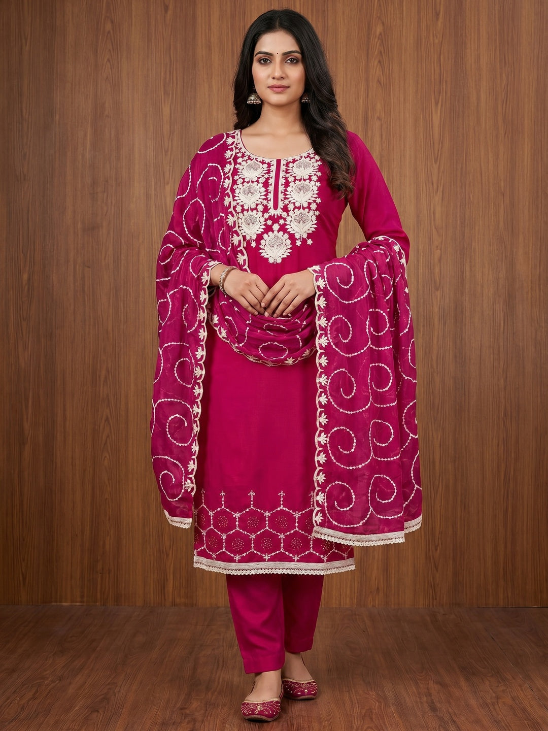 Rani Pink Floral Sequins Embroidered Chanderi Silk Dress Material - Image 1