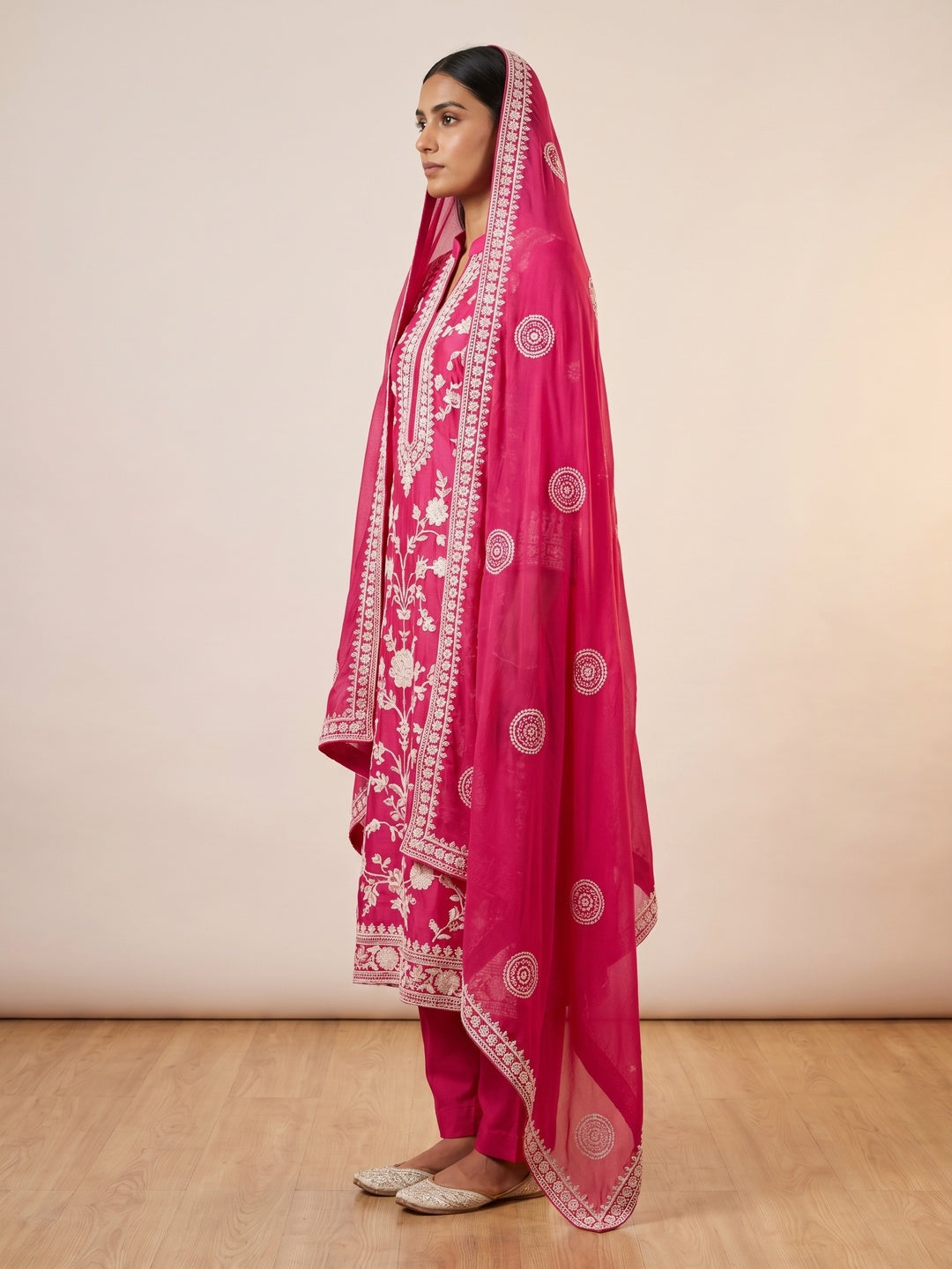 Rani Pink Floral Sequins Embroidered Chanderi Silk Dress Material - Image 2