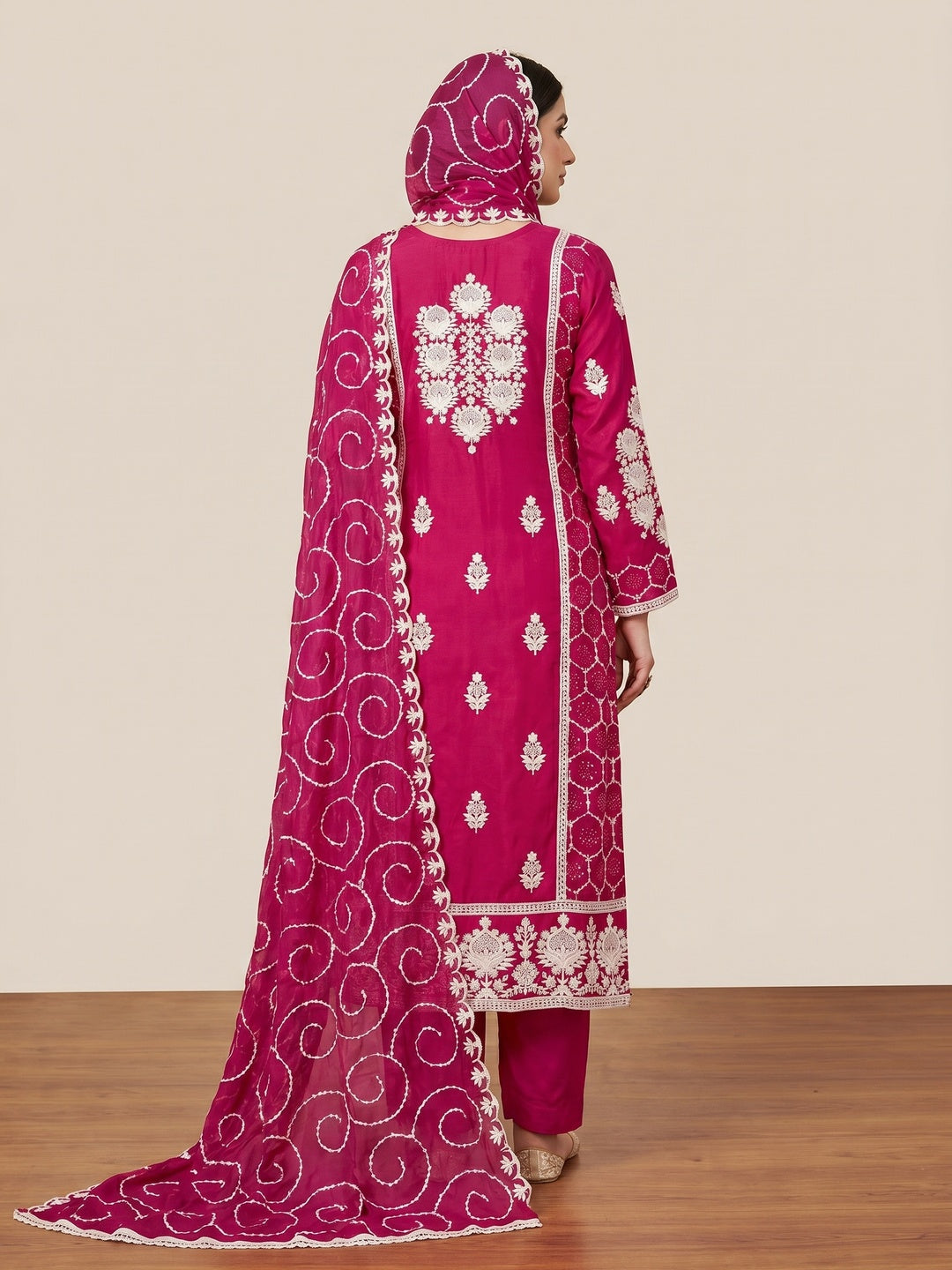 Rani Pink Floral Sequins Embroidered Chanderi Silk Dress Material - Image 3