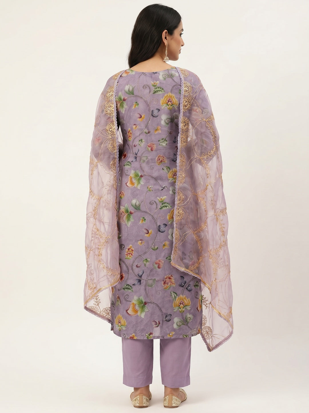 Purple Floral Digital Printed With Hand Embroidery Organza Dress Material - Image 2