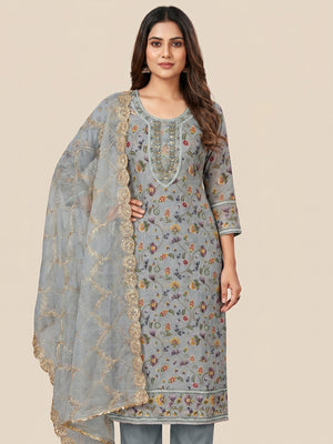Grey Floral Digital Printed With Hand Embroidery Organza Dress Material - Image 1
