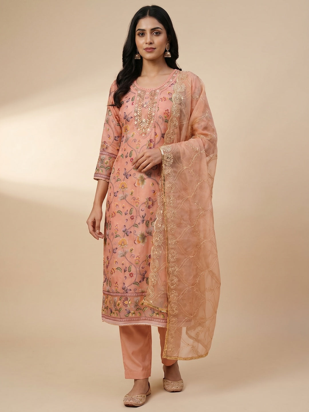 Peach Floral Digital Printed With Hand Embroidery Organza Dress Material - Image 1