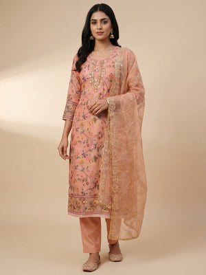 Peach Floral Digital Printed With Hand Embroidery Organza Dress Material - Image 1