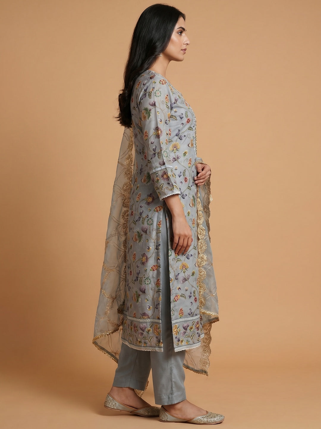 Grey Floral Digital Printed With Hand Embroidery Organza Dress Material - Image 3