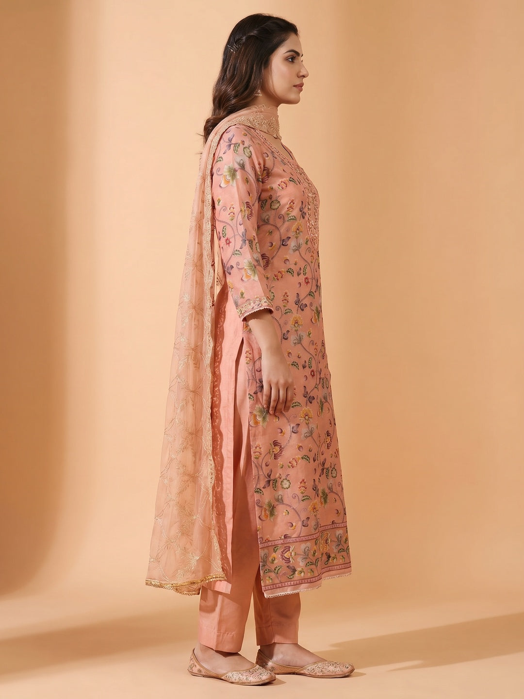Peach Floral Digital Printed With Hand Embroidery Organza Dress Material - Image 3