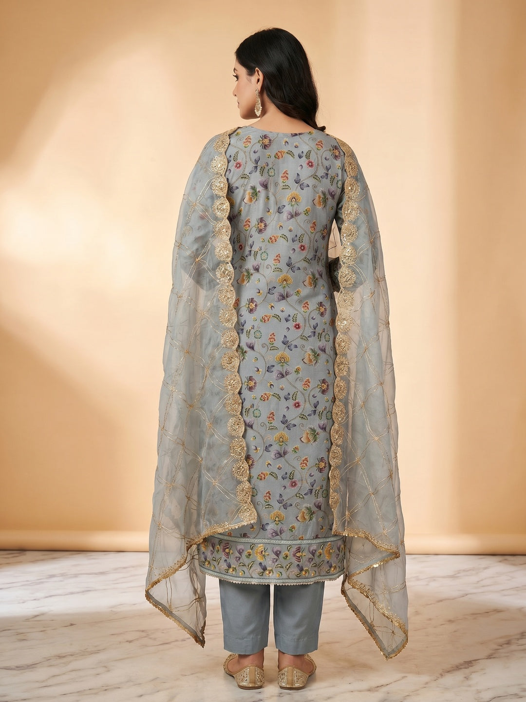 Grey Floral Digital Printed With Hand Embroidery Organza Dress Material - Image 2
